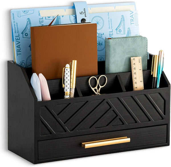 Black Wood Desk Organizer with Drawer, Bill Mail Organizer and File Holder for Office Supplies, Modern Desk Accessories