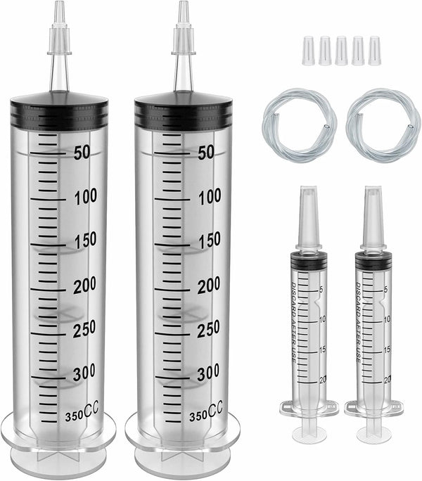 2 Pack 350ml Plastic Syringe, Large Sterile Catheter Tip with Tip Cap Adapter, Soft Tube for Scientific Labs, Pet
