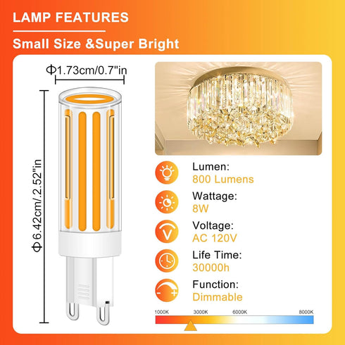 G9 LED Bulb Dimmable, 75W 80W Halogen Equivalent, Warm White 2700K, 8W 800LM, Pack of 5