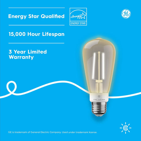 Bulb, ST19 60W (Pack 2) Cync GE Smart LED Light Edison Style, Works with Amazon Alexa and Google Home, WiFi Light, Soft