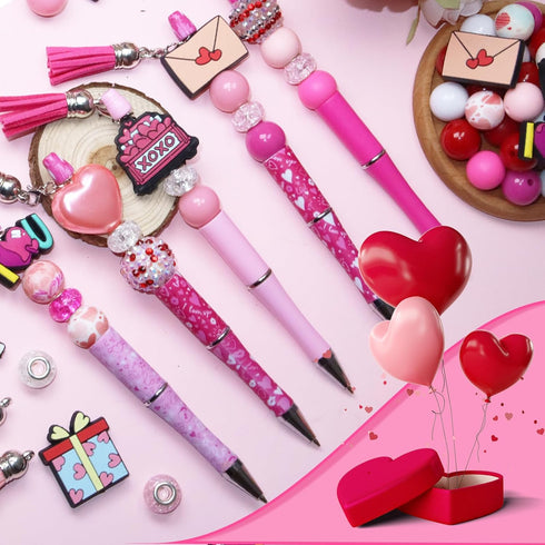 HEYUNG 15 Sets Valentine's Day Beadable Pens - Heart Silicone Beads Pens with 133PCS Pink Spacer Beads