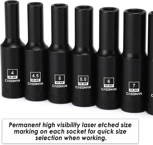 14PCS 1/4"Drive Set, 6-Point, 4mm 15mm, CASOMAN Magnetic Impact Socket Deep, Metric, to CR-MO