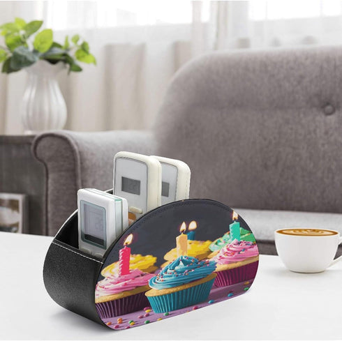 GHENBLT 5 Remote Control Holder, Leather TV Colorful Birthday Cupcakes Remote Caddy Organizer, Desktop Organizer