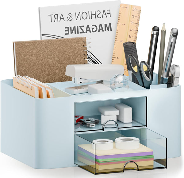 Desk Organizer with 2 Drawer, Multi-Functional Pencil Pen Holder for Desk, Plastic Organizers with 5 Compartments