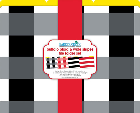 Barker Creek Designer File Folders Set of 12 - Buffalo Plaid & Wide Stripes, Letter Size, 1/3 Cut Tabs for Home Office