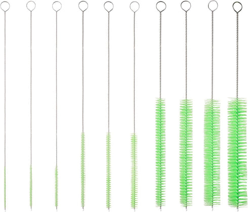 10" Tube Cleaning Brush Set, Green, 10 Pack Nylon Straw Brushes for Bottle, Straws, Pipe, Keyboard, Deep Cleaning