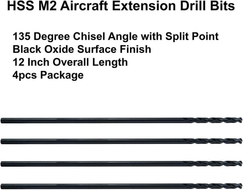 MAXTOOL 3/32"x12" 4pcs Identical Aircraft Extension Drills, HSS M2 Extra Long Deep Twist Drill Bits, Fully Ground