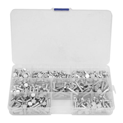 350pcs Flat Head Solid Rivets M4 Kit, Aluminum Rivets Set Length 4/6/8/10/12/16/20 mm Fastener for Household Automobile Industry