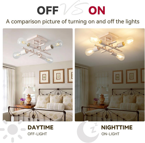 4-Light E26 Industrial Semi Flush Mount Ceiling Light Fixture, Modern White Gold Chandelier Lighting, Farmhouse Sputnik