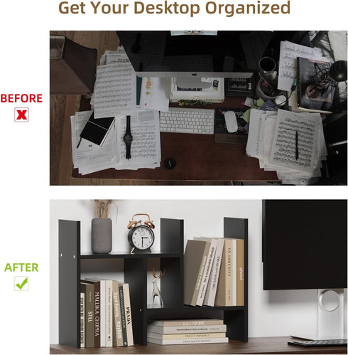 TY ARTS & CULTURE Expandable Wood Desktop Storage Organizer - Multipurpose Desk Bookshelf Display Shelf Rack, Black