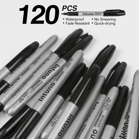 INTUNO 120 Count Permanent Markers, Black, Fine tip, Oil-Based Permanent Markers, Waterproof and Fade-Resistant