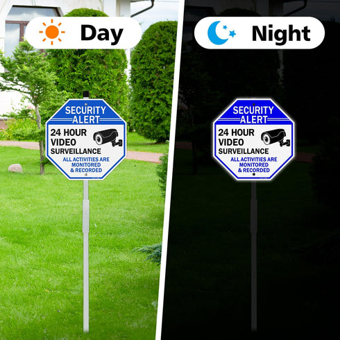 28" 10"x10" (2 PACK) GicnKeuz Video Surveillance Sign with Stake for Outside, Security Sign - Rust Free Heavy