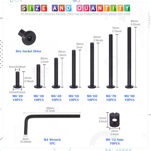 Glarks 141Pcs M6x20/ 30/40/ 50/60/ 70/ 80mm Baby Bed Crib Screws Hardware Replacement Kit, Black Hex Socket Cap Screws