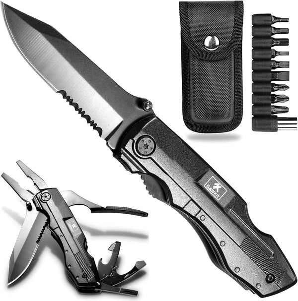 Multitool Pocket Pliers with Folding Knife, Stainless Steel Survival Camping Knife, Durable Sheath, Gifts for Men