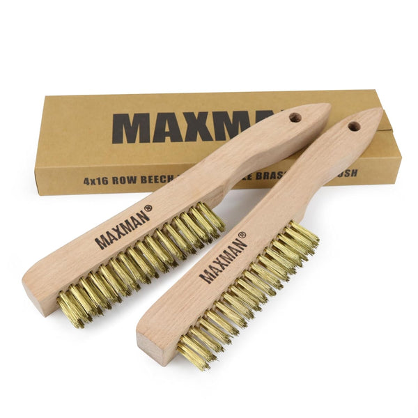 Heavy Duty Brass Brush Set 2Pcs, MAXMAN Brass Wire Brush, Metal Brush for Cleaning Rust with 10" Curved Beechwood Handle