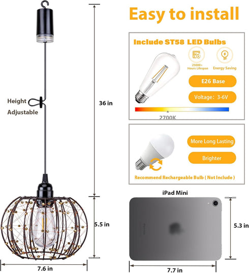 4 (2) Battery Operated Hanging Outdoor Chandelier, Battery Operated Gazebo Pendant Light Outdoor Waterproof, No Wiring