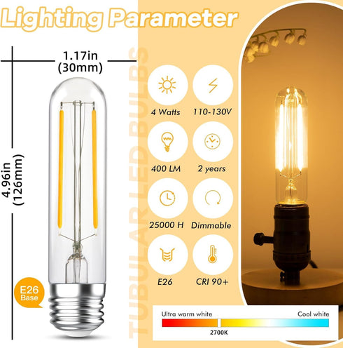4W Bulbs,E26 T10 Bulbs 40Watt Bulbs,2700K Bulbs Sconces,Dimmable,400Lumens,4.96 inches,4Pcs Tubular Light LED