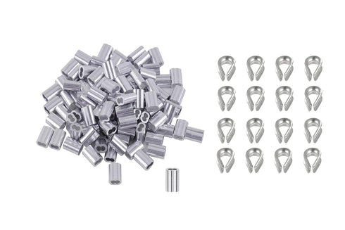 Eowpower 100 Pieces 1/8 inch Wire Rope Aluminum Sleeves Cable Crimps & 16 Pcs M3 Stainless Steel Thimbles