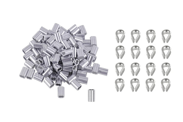Eowpower 100 Pieces 1/8 inch Wire Rope Aluminum Sleeves Cable Crimps & 16 Pcs M3 Stainless Steel Thimbles