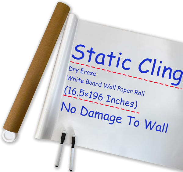 Static Whiteboard Wallpaper Roll - Portable Restickable Dry Erase White Board Wall Paper (16.5X196 in.) for Home