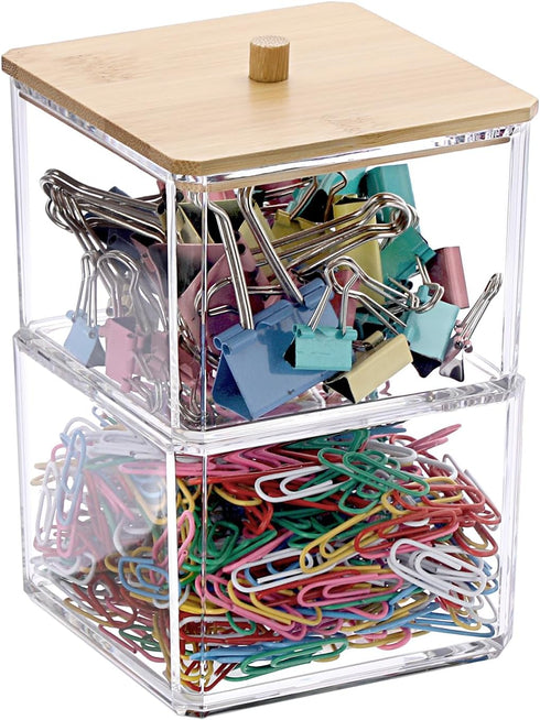 BTSKY Clear Stackable Paper Clip Holder with Bamboo Lid, 2-Layer Acrylic Office Supply Accessory Organizer