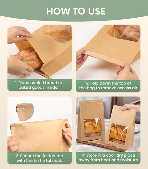 50 Pack Packaging 13.6x8.3x4.1in Heavy Duty Sourdough Paper Bags Resealable with Window for Round Loaf Selling | Large