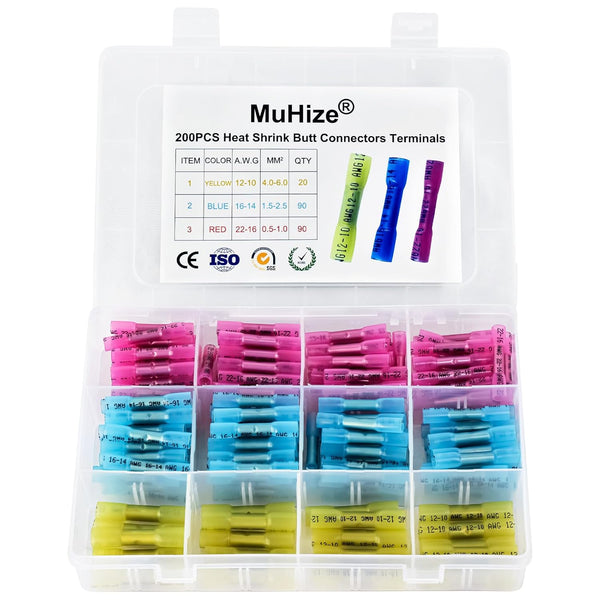 MuHize Heat Shrink Butt Connectors Kit, 200 PCS Automotive Marine Electrical Connectors Kit, Waterproof Insulated