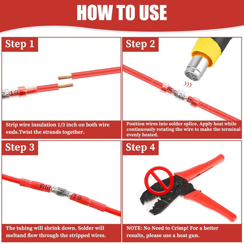200PCS Red Solder Seal Wire Connectors, 22-18 AWG, Waterproof Insulated Electrical Butt Splice Terminals