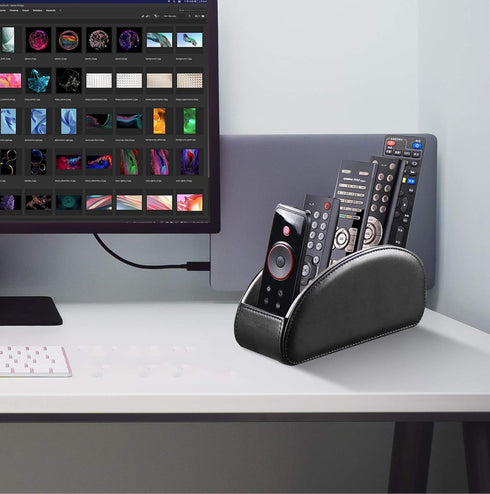 5 All-in-One Leather TV Remote Control Holder Black with Compartments Nightstand Desktop DVD Media Player Remote Caddy
