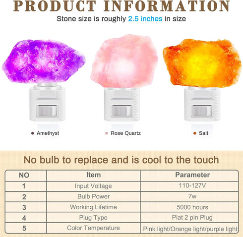 3 Pack Hortsun Himalayan Salt Lamp Night Light Crystal Night Light Lamp Plug in Rotatable Wall Purifier Made of Natural