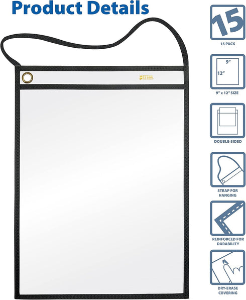 Better Office Products Shop Ticket Holders with Hanging Strap, 9 x 12 Inches, Both Sides Clear, Stitched Black Heavy Duty Canvas Edge Trim, 15 Pack by Better Office Products