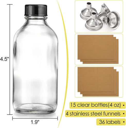 15 Pack, 4 oz 4 120ml Small Clear Glass Bottles with Lids & Stainless Steel Funnels - Boston Sample Bottle for Potion