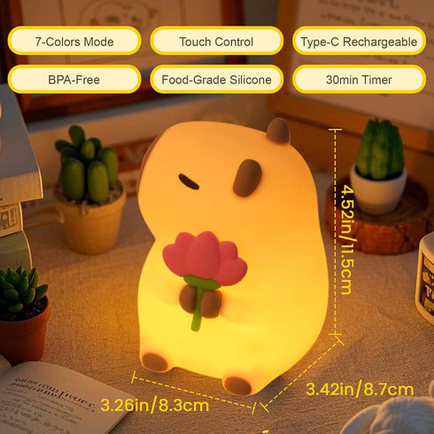 7-Color 3-Level Dimmable WarmLight, 30Min 100% Capybara Night Light, Nursery Lamp, RGB & Tap Control, Timer, Safe &Soft