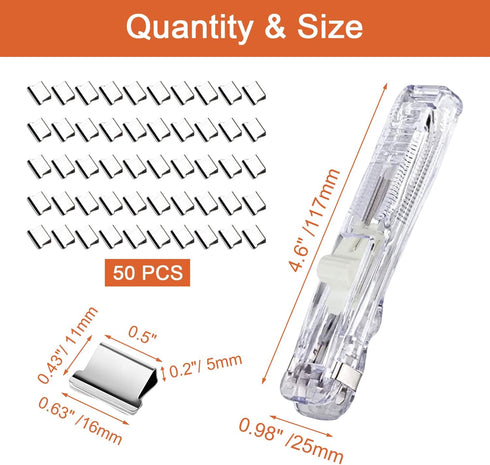 Mini Push Stapler, Paper Clamp Clip Dispenser with 50 Pcs Stainless Steel Reusable Staples 40 Sheet Capacity, Portable Clip Stapler for Office Desk Accessories Home School Supplies