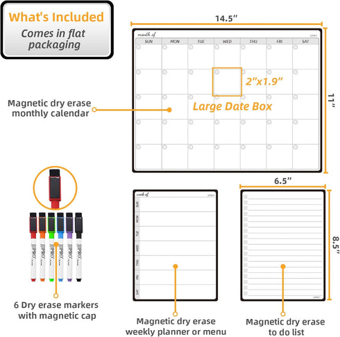 JJPRO Magnetic Monthly Calendar Whiteboard Set for Fridge-Monthly Planning Board and Two Bonus Dry Erase Grocery Board&Weekly Menu Board-Meal Planner Whiteboard/to-Do List-6 Markers by JJPRO
