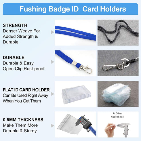 50pcs Fushing Clear Plastic Vertical Name Tags Badge ID Card Holders and Blue Neck Lanyards with Swivel Hook