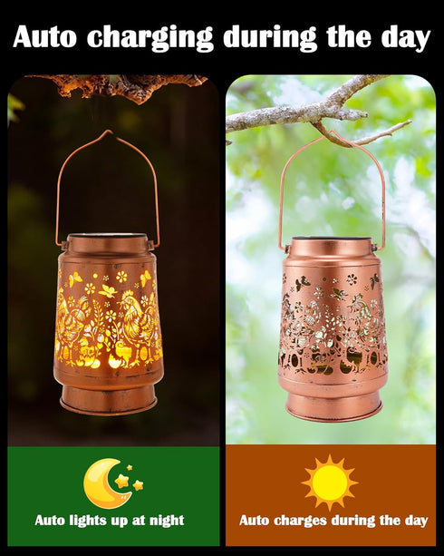 Chicken Solar Lantern Outdoor - Rooster Decor Waterproof Hanging Lights Decorative Metal Lighting Lamp for Garden Patio