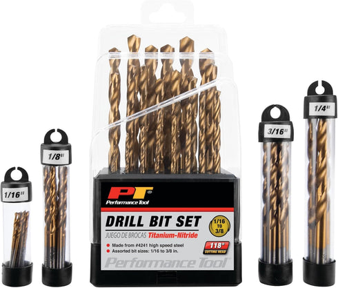 Performance Tool W9012: 63pc Titanium Drill Bit Set for Various Drilling Applications.