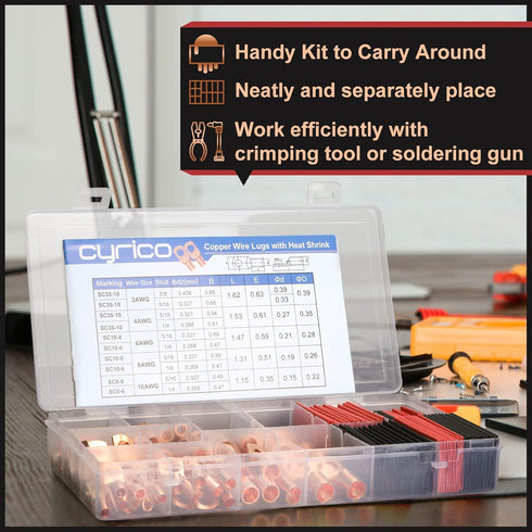 150pcs Battery Cable Ends Assortment Kit - 70Pcs Ring Wire Terminal Connectors & 80Pcs Heat Shrink Tubing for Marine