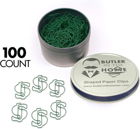 Money Dollar Sign $ Shaped Paper Clips, 100 Count Green, Great for Collectors or Office Gift in Round Tin