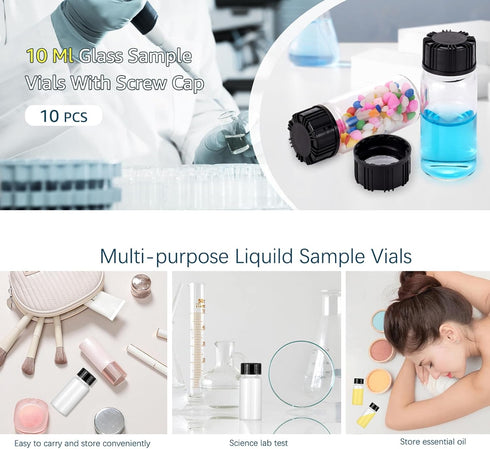 JIUWU 10 Pack 10ml Clear Glass Vials with Screw Caps Small Liquid Sample Vial Leak-Proof Empty Bottle