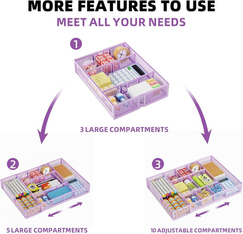 Marbrasse Expandable Desk Drawer Organizer, Mesh Tray with 10 Adjustable Compartments for Office Supplies, Makeup &