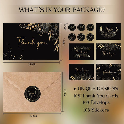 Oaken Leaford 108 Pack 6 Pre-Folded Floral Thank You Cards with Envelopes & Stickers, Elegant Designs for Wedding, Baby
