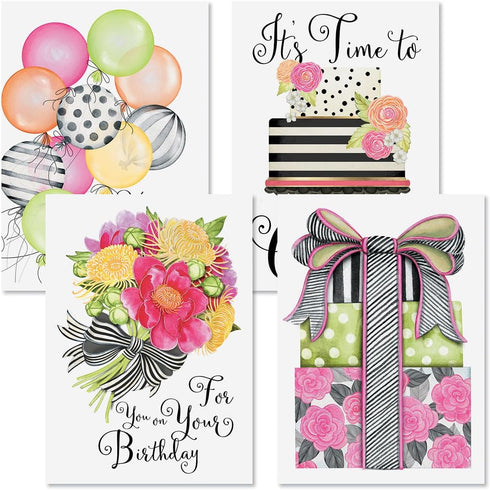 Striped Celebration Birthday Cards - Set of 8 (4 designs), Large 5" x 7" with Envelopes Included