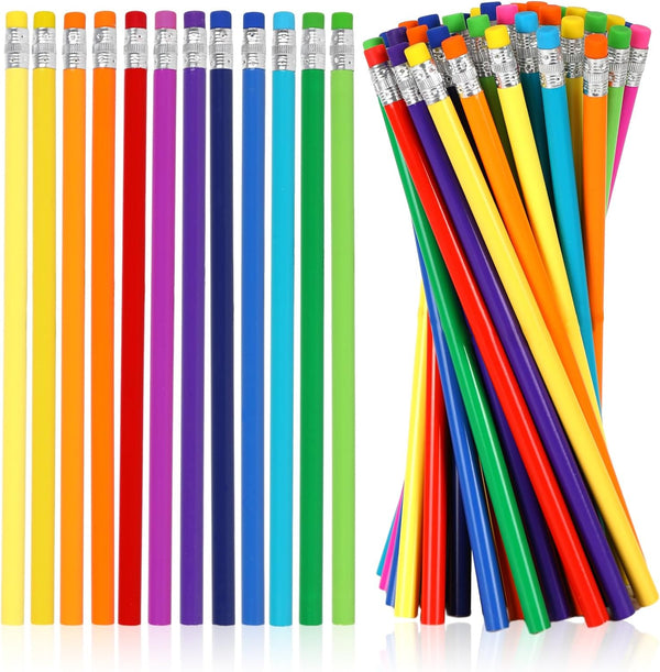 Whaline 48Pcs Colorful Pencils with Erasers - Rainbow Color Wooden Pencils Unsharpened for School and Office Stationery