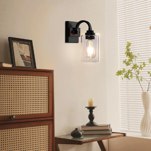 1-Light Mecgirn Black Wall Sconces, Farmhouse Vanity Light Fixtures for Bathroom, Wood Wall Lighting with Clear Glass