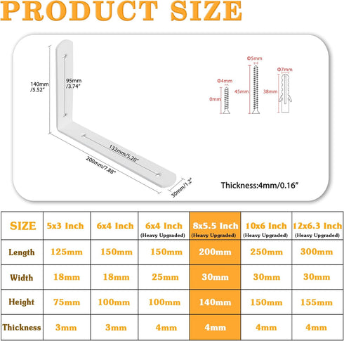 Support,8x5-3/5 Inch(Upgraded,Pack 4) Alise Floating Shelf Brackets,White Bracket for Shelves Heavy Duty L Bracket