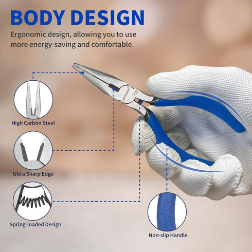 Mini Needle Nose Pliers 5" - 5 Pack KAIHAOWIN Small Long Nose Pliers with Wire Cutters, Precision Set for Crafts/Jewelry