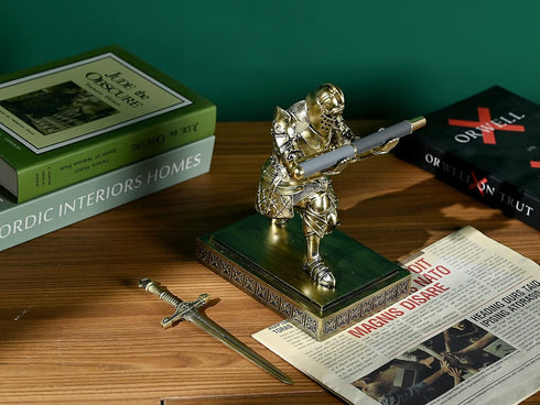 King's Guard Knight Pen Holder, Desk Organizer with Resin Pencil Holder and Metal Sword Letter Opener Gift for Home and
