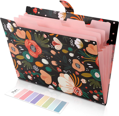 SKYDUE Expanding File Folder - Black - 5 Pockets Floral Accordion File Organizer for Important Documents